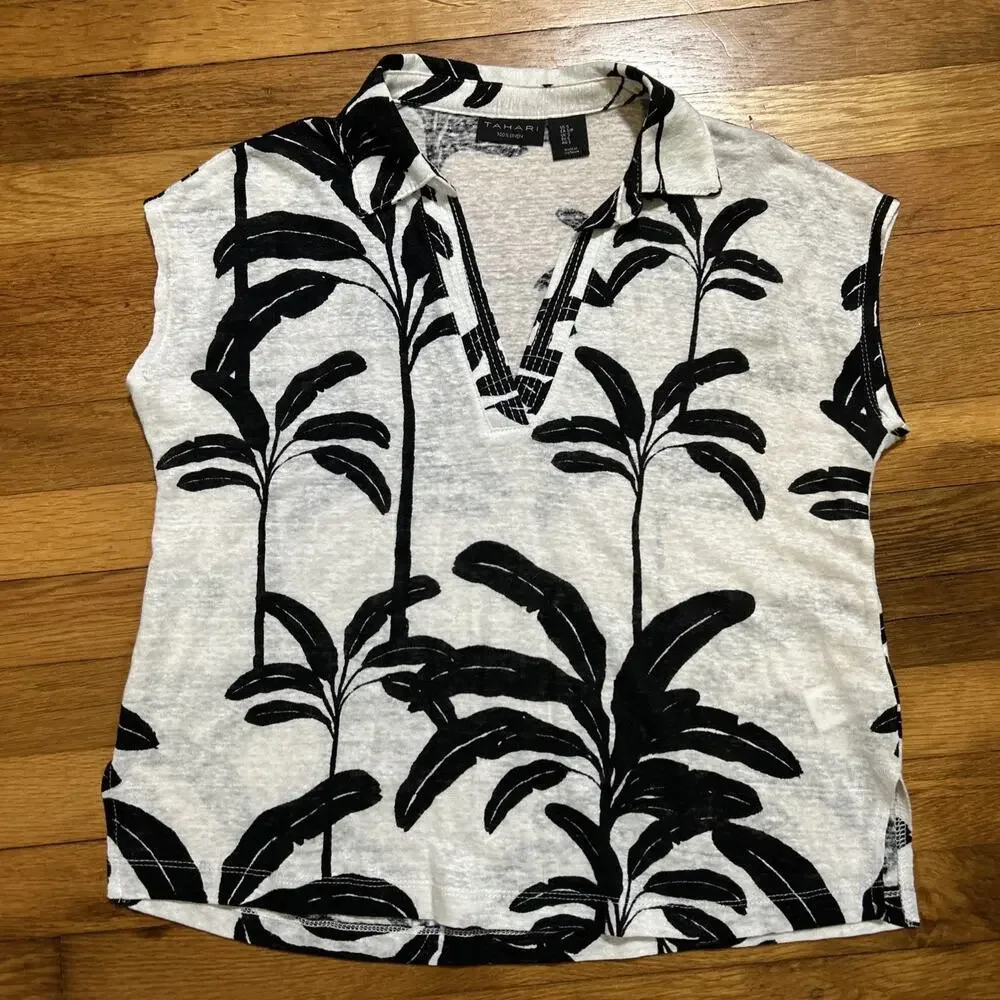 Tahari Women sz S 100% Linen Black White Palm Print Tropical Top V-neck Nautical - Picture 4 of 6